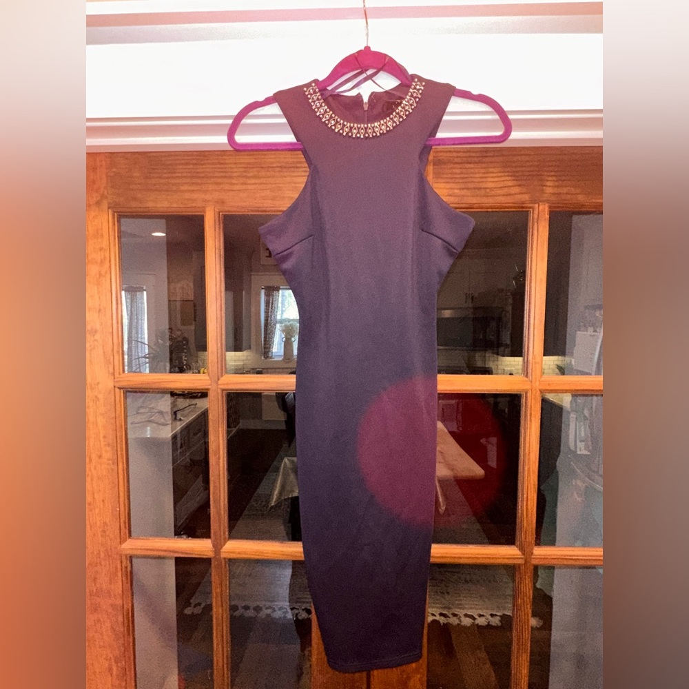 EUC AX Paris Size 8‎ Elegant Navy Sleeveless Dress with Embellished Neckline